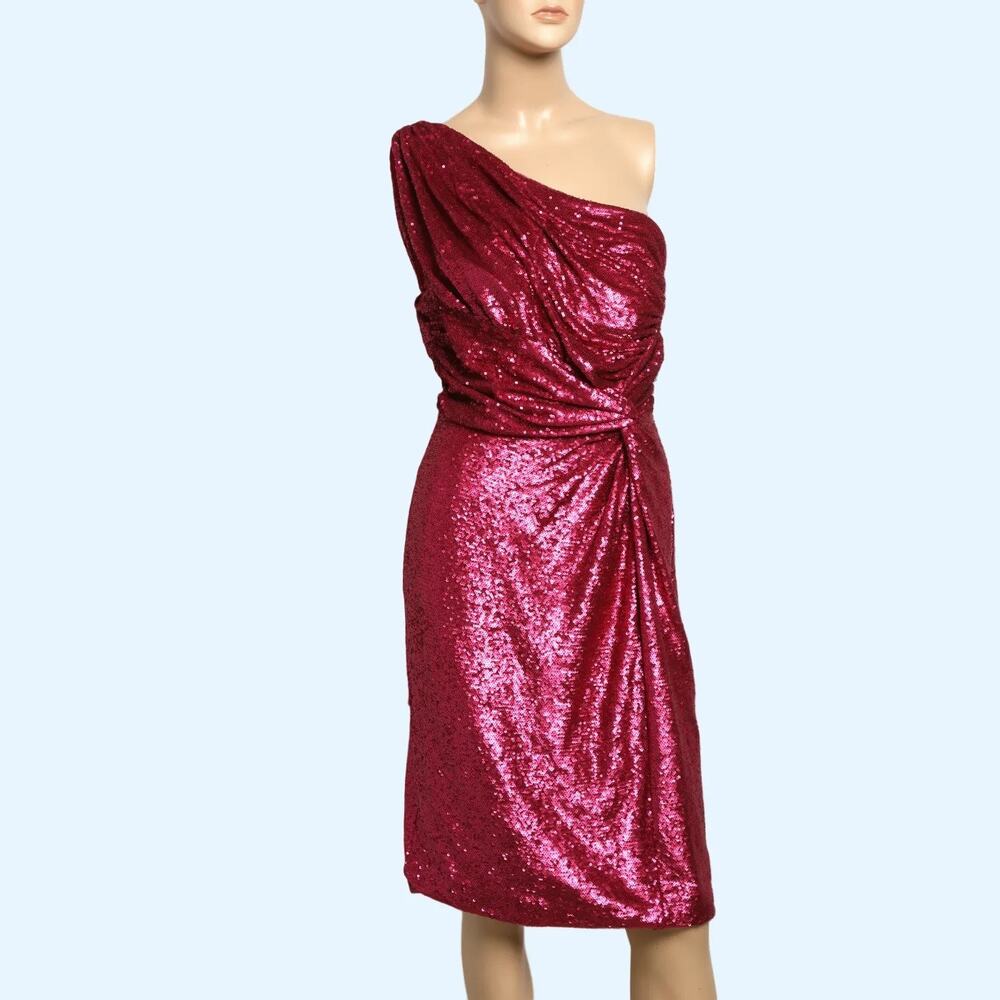 RENE RUIZ COLLECTION Pink Sequin One Shoulder Knee Length Dress